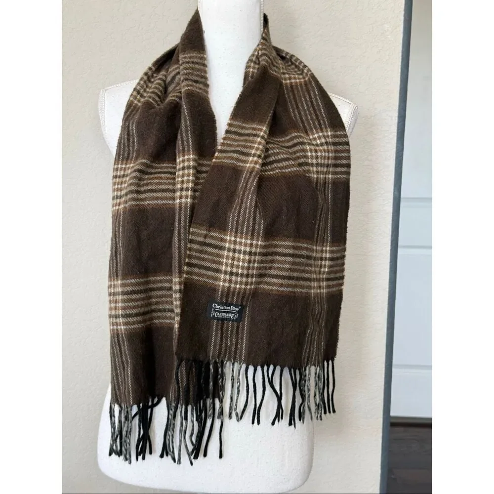 Christian Dior Cashmaire Brown Plaid Fringe Scarf